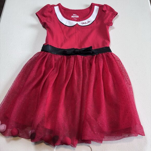 Disney Junior Minnie Mouse Girls dress Size 3T Red Sparkly Tutu With Poms - Picture 3 of 6